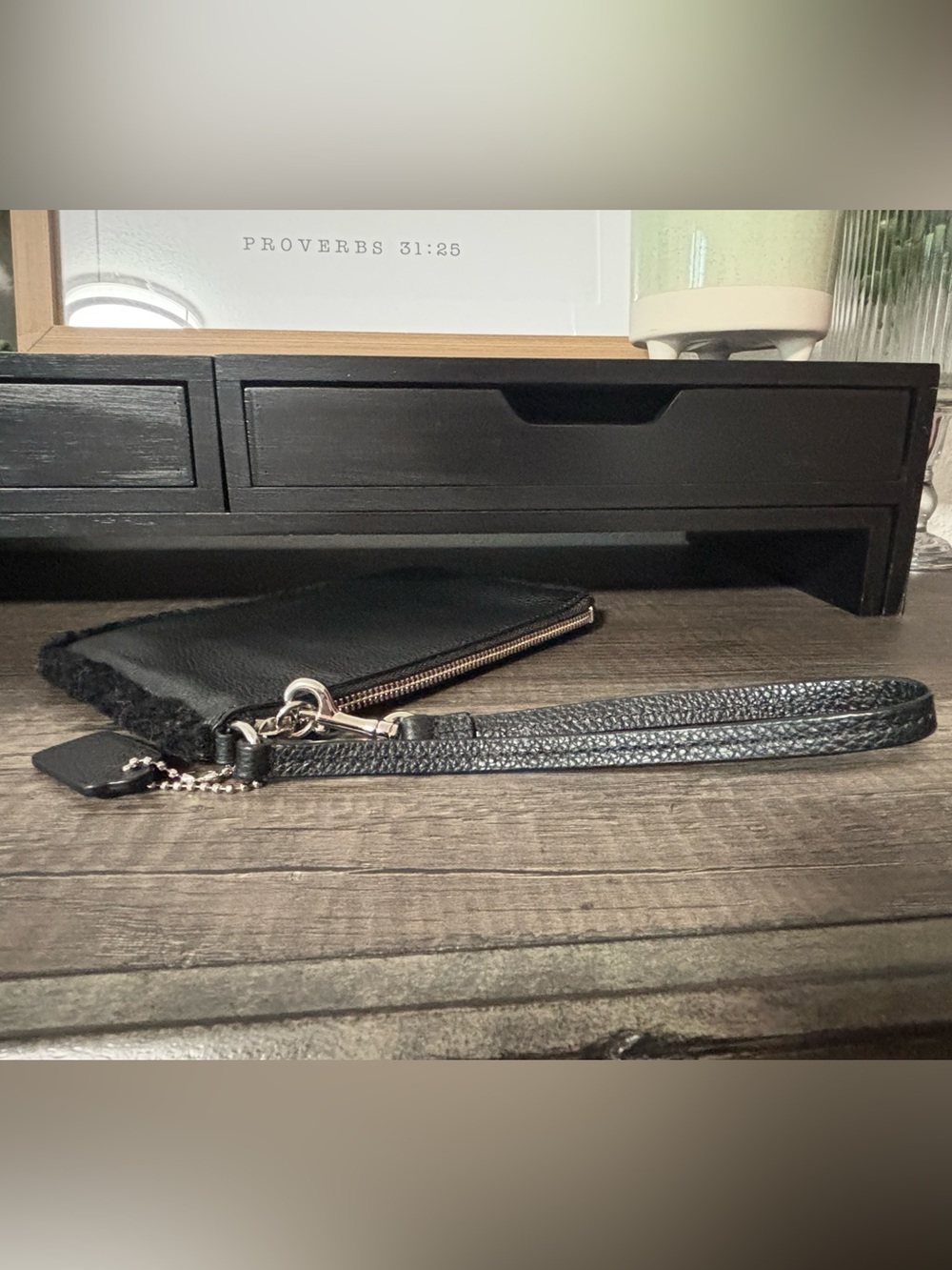 Coach Black Pebbled Leather Shearling-Trim Wristlet - Picture 7 of 11